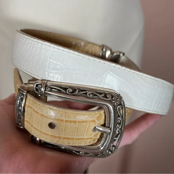 Vintage Brighton Thick Tan White Leather Concho Heavy Silver Buckle Western Belt Brighton 30 Size Belts for Women for sale | eBay main image 3